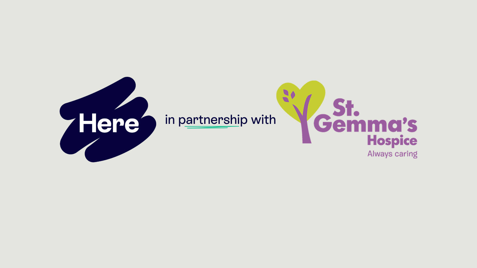 Here & St Gemma's Social Grey V3 Here in partnership with St Gemma's Hospice logos on grey