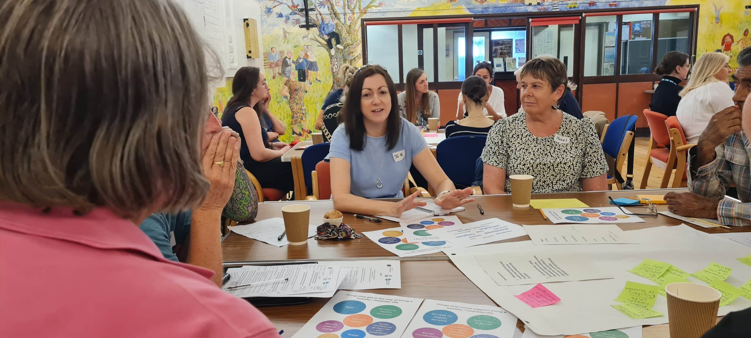 People seated around a table in a community codesign workshop. One woman speaks while others listen, with printed materials, post-it notes, and paper coffee cups on the table. A colourful mural is visible on the back wall.